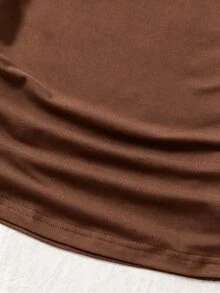 SHEIN 棕色夏季休閒校園風青少年女孩不對稱肩 T-shirt，修身顯身材無袖上衣，適合外出穿著 - 棕色 - 查看 6