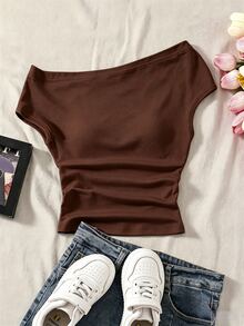 SHEIN 棕色夏季休閒校園風青少年女孩不對稱肩 T-shirt，修身顯身材無袖上衣，適合外出穿著 - 棕色 - 查看 2