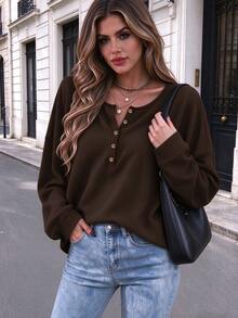 Cévolie Solid Textured Knit Half Button Placket Drop Shoulder Oversize Sweatshirt - Coffee Brown - View 5