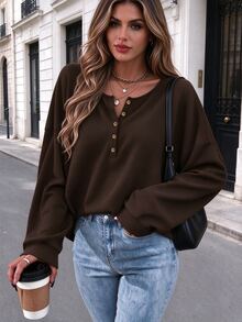 Cévolie Solid Textured Knit Half Button Placket Drop Shoulder Oversize Sweatshirt - Coffee Brown - View 2