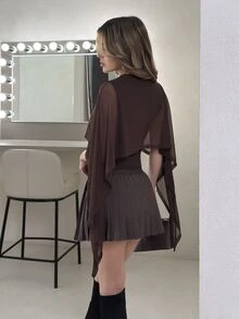 Jemour Women's Oblique Shoulder Ruffled Layered Chiffon Blouse, Elegant Blouse, Minimalist Fashion Blouse - Brown - View 2
