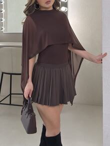 Jemour Women's Oblique Shoulder Ruffled Layered Chiffon Blouse, Elegant Blouse, Minimalist Fashion Blouse - Brown - View 3