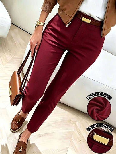 SHEIN LUNE Women's Solid Color Minimalist Casual Elegant Slim Fit Long Pants For Business Office Work And Daily Wear Khaki Autumn