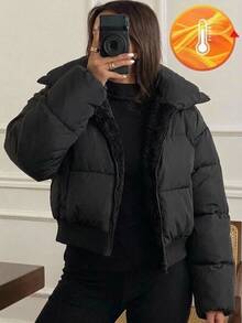 青少年女孩秋冬加厚抓絨內裡拉鍊高領夾克，百搭必備外套 - 黑色 - 查看 7