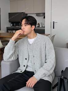 Claim Dot 2pcs/Set Men Plain Button-Up  Cardigan Sweater - Light Grey - View 1