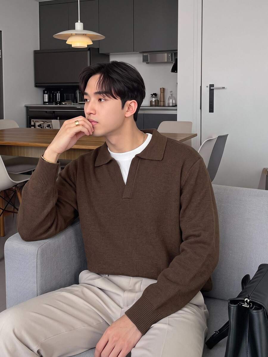 Claim Dot Men's 2 In 1 Long Sleeve Casual Versatile Sweater, Brown - Brown - View 1