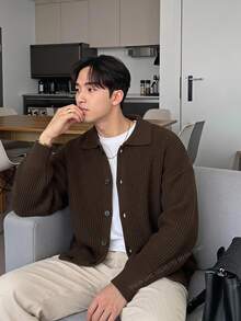 Claim Dot Men's Dark Brown Oversized Cardigan,Solid Color Turn Down Collar Button Up Chunky Knit,Autumn Date Drop Shoulder Urban Fashion,Gifts For Husband - Coffee Brown - View 1