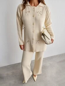 SHEIN Women's Ecru Bow Detail Ribbed Knit Button Front Cardigan And Wide Leg Pants Two Pieces Set - Cream - View 5