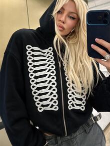 Siren Gaze Women's Colorblock Zipper Casual Streetstyle Streetwear Versatile Daily Wear Hooded Sweatshirt Everyday Traveling Black And White - Black - View 3