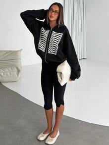 Siren Gaze Women's Colorblock Zipper Casual Streetstyle Streetwear Versatile Daily Wear Hooded Sweatshirt Everyday Traveling Black And White - Black - View 2