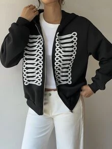 Siren Gaze Women's Colorblock Zipper Casual Streetstyle Streetwear Versatile Daily Wear Hooded Sweatshirt Everyday Traveling Black And White - Black - View 7