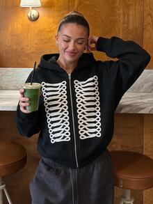 Siren Gaze Women's Colorblock Zipper Casual Streetstyle Streetwear Versatile Daily Wear Hooded Sweatshirt Everyday Traveling Black And White - Black - View 4