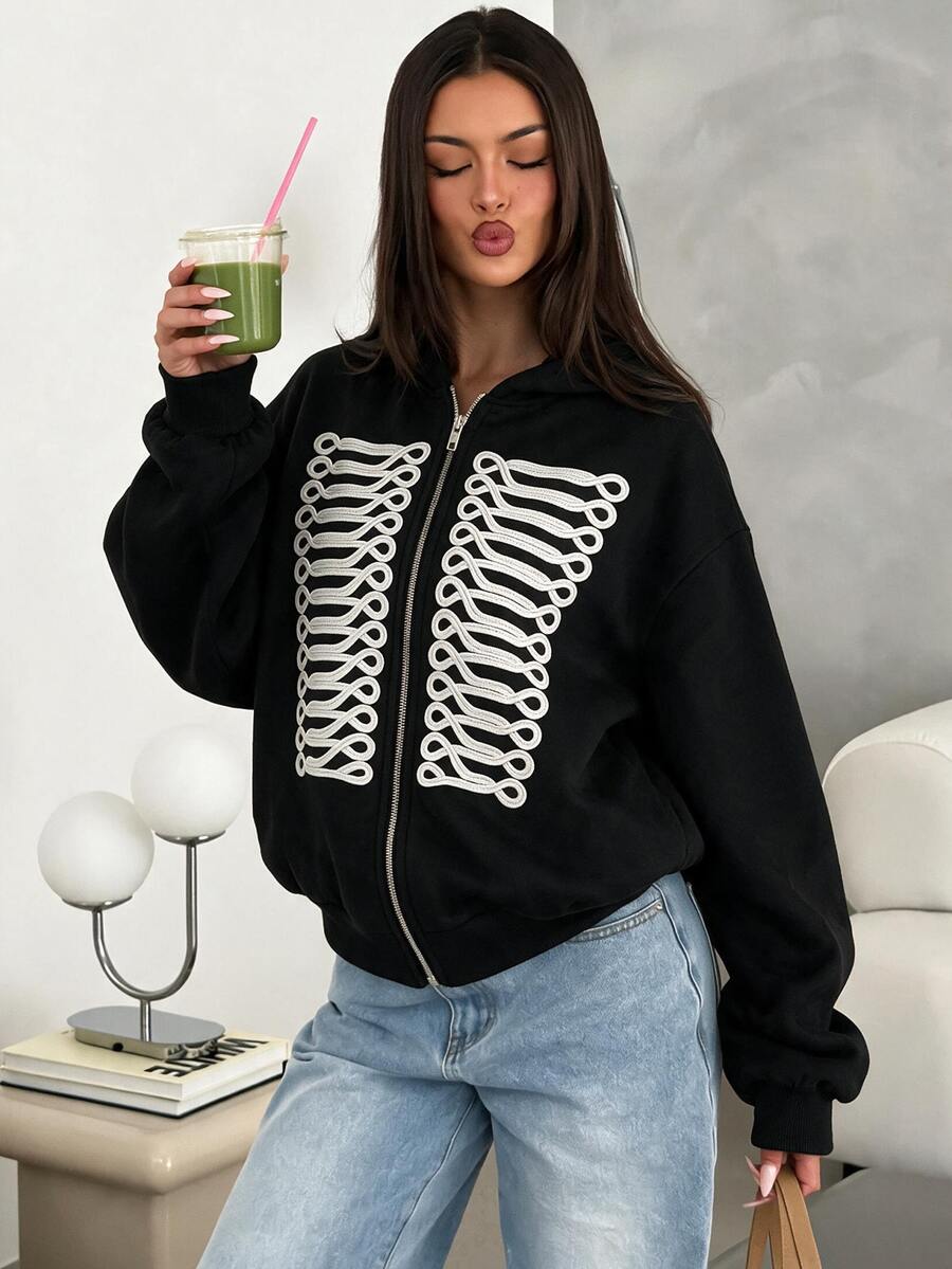 Siren Gaze Women's Colorblock Zipper Casual Streetstyle Streetwear Versatile Daily Wear Hooded Sweatshirt Everyday Traveling Black And White - Black - View 1