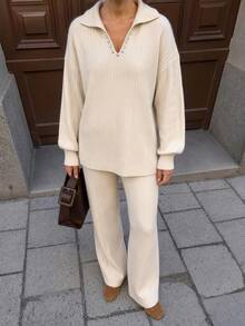 SHEIN Women's Ivory Chic Ribbed Knit Rhinestone Button Collared Top And Wide Leg Pants Two Pieces Set - Beige - View 3
