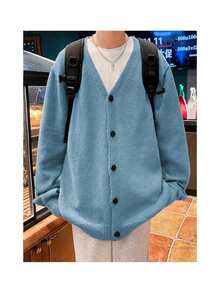 Claim Dot Men's Casual Streetwear Versatile Solid Color Cardigan, Autumn/Winter Back-To-School Graduation Dusty Blue - Baby Blue - View 5