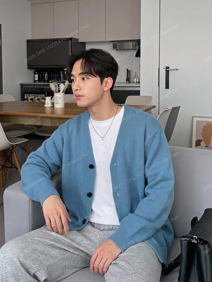 Claim Dot Men's Casual Streetwear Versatile Solid Color Cardigan, Autumn/Winter Back-To-School Graduation Dusty Blue - Baby Blue - View 1
