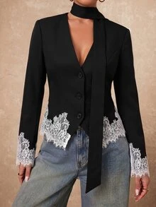 Lumalex 女款優雅通勤晚餐辦公室黑白配色白色蕾絲設計西裝外套，秋季風格，適合教師外出度假穿搭、郵輪穿搭 - 黑色 - 查看 10