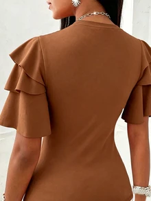 EMERY ROSE CURVE Plus Size Summer Casual Solid Color Ruffle Hem T-Shirt - Rust Brown - View 2