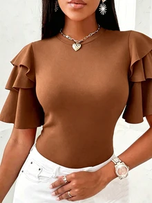 EMERY ROSE CURVE Plus Size Summer Casual Solid Color Ruffle Hem T-Shirt - Rust Brown - View 4