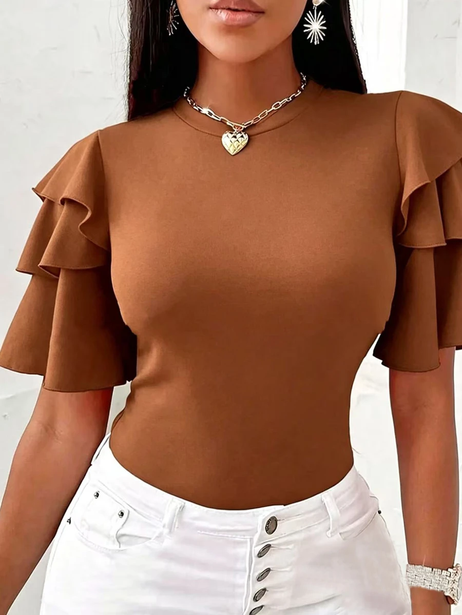 EMERY ROSE CURVE Plus Size Summer Casual Solid Color Ruffle Hem T-Shirt - Rust Brown - View 1
