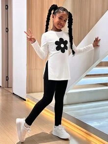 SHEIN Tween女孩秋冬休閒童裝街頭風黑白印花長袖長版T恤搭配保暖內裡內搭褲2件套，日常穿著 - 黑與白 - 查看 3