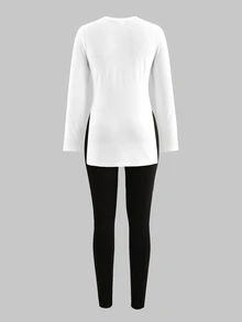SHEIN Tween女孩秋冬休閒童裝街頭風黑白印花長袖長版T恤搭配保暖內裡內搭褲2件套，日常穿著 - 黑與白 - 查看 10
