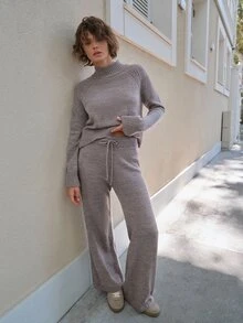 SHEIN Women's Soft Knit Two Pieces Set – Mock Neck Sweater & Relaxed Wide-Leg Pants Taupe - Beige - View 7