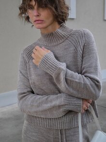 SHEIN Women's Soft Knit Two Pieces Set – Mock Neck Sweater & Relaxed Wide-Leg Pants Taupe - Beige - View 6
