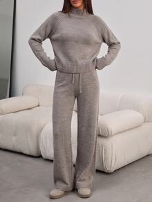 SHEIN Women's Soft Knit Two Pieces Set – Mock Neck Sweater & Relaxed Wide-Leg Pants Taupe - Beige - View 3