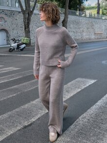 SHEIN Women's Soft Knit Two Pieces Set – Mock Neck Sweater & Relaxed Wide-Leg Pants Taupe - Beige - View 1