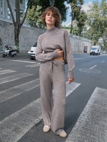 SHEIN Women's Soft Knit Two Pieces Set – Mock Neck Sweater & Relaxed Wide-Leg Pants Taupe - Beige - View 5