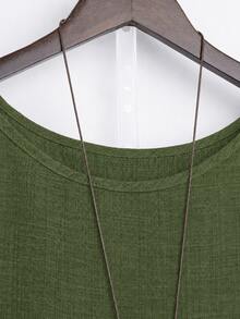 EMERY ROSE Plus Size Women 2pcs Set Linen Asymmetric Hem Round Neck 3/4 Sleeve Top And Loose Short Wide Leg Pants, Suitable For Casual Daily Wear - Army Green - View 3