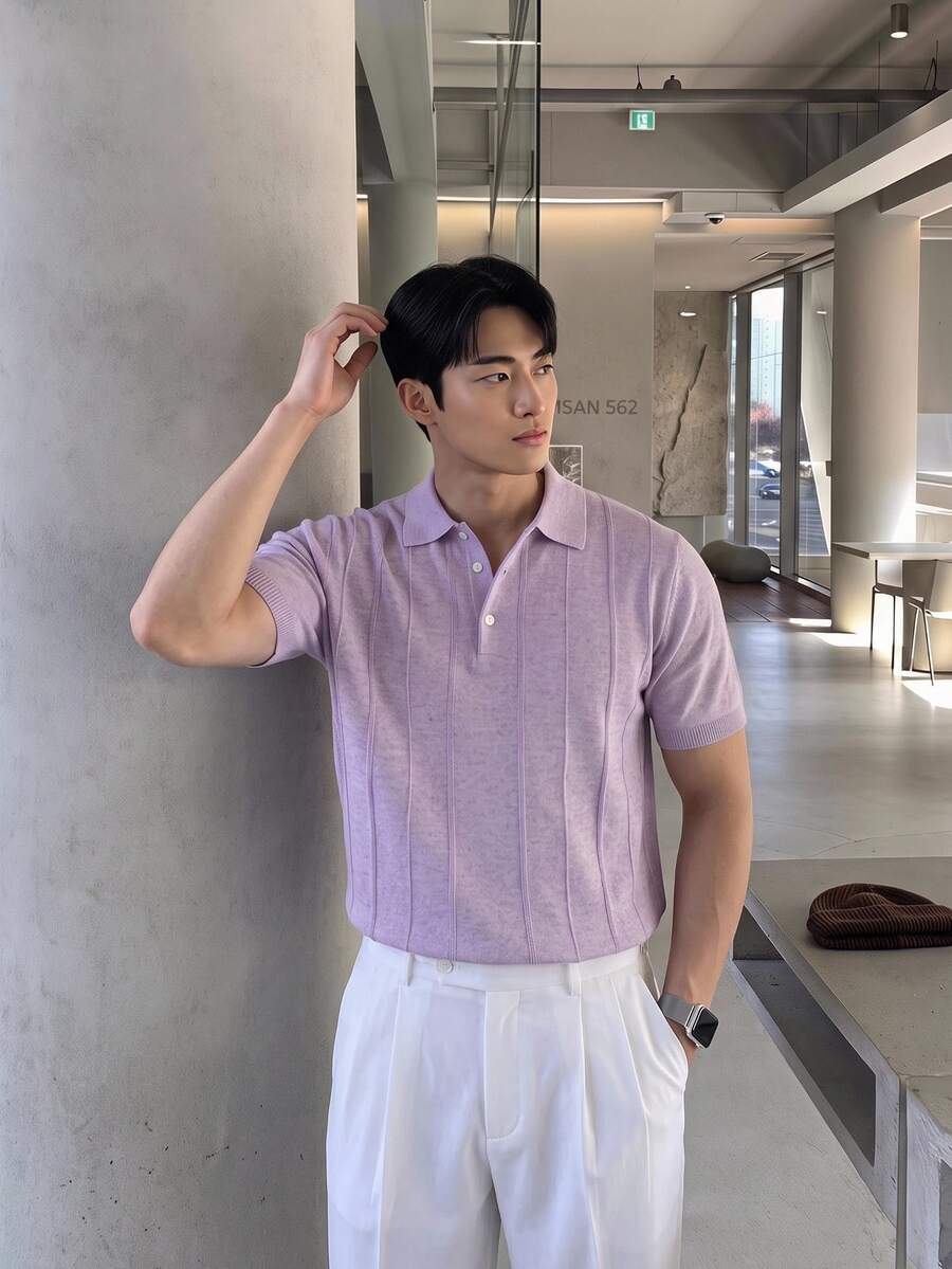 Claim Dot Men's Solid Color Casual Versatile Daily Wear Knit Top Formal Office Business Lilac Purple Summer - Purple - View 1