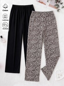 SHEIN Cotton Line Women Beige Black Solid Multipack Set Multicolor Comfy Pants 2 Pcs Sleep Lounge Casual Loungewear Modest - Multicolor - View 1