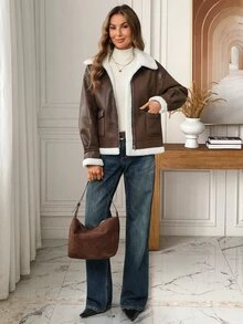 EMERY ROSE Women's Thermal Lined Casual Versatile Daily Long Sleeve Jacket Winter Jacket Winter Coats For Women - Coffee Brown - View 9