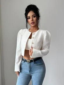 Penseblé Women's Off-White Striped Textured Knit Fabric Round Neck Bell Sleeve Pearl Button Short Jacket, Elegant French Sophisticated Thanksgiving Office Fall - Apricot - View 6