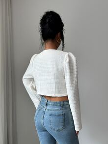 Penseblé Women's Off-White Striped Textured Knit Fabric Round Neck Bell Sleeve Pearl Button Short Jacket, Elegant French Sophisticated Thanksgiving Office Fall - Apricot - View 2