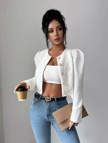 Penseblé Women's Off-White Striped Textured Knit Fabric Round Neck Bell Sleeve Pearl Button Short Jacket, Elegant French Sophisticated Thanksgiving Office Fall - Apricot - View 8