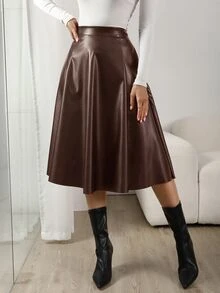 RosyDaze High Waist Slant Pocket PU Skirt - Coffee Brown - View 6