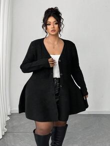 Elenzga Cárdigan de talla grande para mujer de unicolor con cintura ceñida, ropa de otoño/invierno, Halloween - Negro - Ver 7