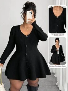 Elenzga Cárdigan de talla grande para mujer de unicolor con cintura ceñida, ropa de otoño/invierno, Halloween - Negro - Ver 2