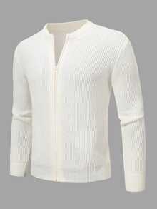 Claim Dot Men 1pc Zip Up Ribbed Knit Drop Shoulder Cardigan Chunky Plain All White Urban Fashion Friends, Long Sleeve Top - Beige - View 3