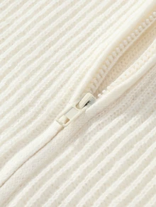 Claim Dot Men 1pc Zip Up Ribbed Knit Drop Shoulder Cardigan Chunky Plain All White Urban Fashion Friends, Long Sleeve Top - Beige - View 4