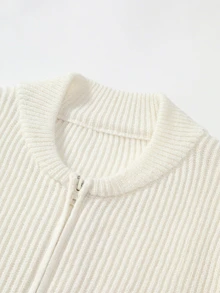 Claim Dot Men 1pc Zip Up Ribbed Knit Drop Shoulder Cardigan Chunky Plain All White Urban Fashion Friends, Long Sleeve Top - Beige - View 5