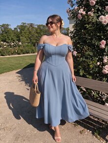 SHEIN MOD Plus Size Women's Vintage Romantic Celestial Elegant Light Blue Silk Faux Fishbone Pattern One Shoulder Dress Spring Summer Evening Gown Formal Ball - Blue - View 1