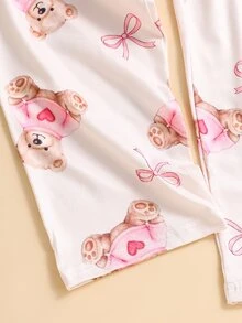 SHEIN 2pcs/Set Tween Girl Loungewear Long Sleeve Pullover Top And Pants Pink Set, Bow Cute Bear Pattern, All Season, Autumn/Winter - Multicolor - View 6