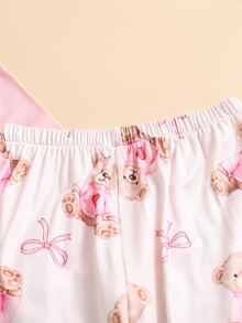 SHEIN 2pcs/Set Tween Girl Loungewear Long Sleeve Pullover Top And Pants Pink Set, Bow Cute Bear Pattern, All Season, Autumn/Winter - Multicolor - View 7