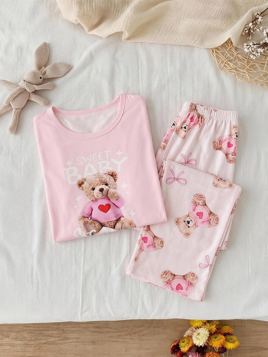 SHEIN 2pcs/Set Tween Girl Loungewear Long Sleeve Pullover Top And Pants Pink Set, Bow Cute Bear Pattern, All Season, Autumn/Winter - Multicolor - View 1