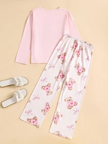 SHEIN 2pcs/Set Tween Girl Loungewear Long Sleeve Pullover Top And Pants Pink Set, Bow Cute Bear Pattern, All Season, Autumn/Winter - Multicolor - View 2