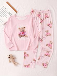 SHEIN 2pcs/Set Tween Girl Loungewear Long Sleeve Pullover Top And Pants Pink Set, Bow Cute Bear Pattern, All Season, Autumn/Winter - Multicolor - View 1